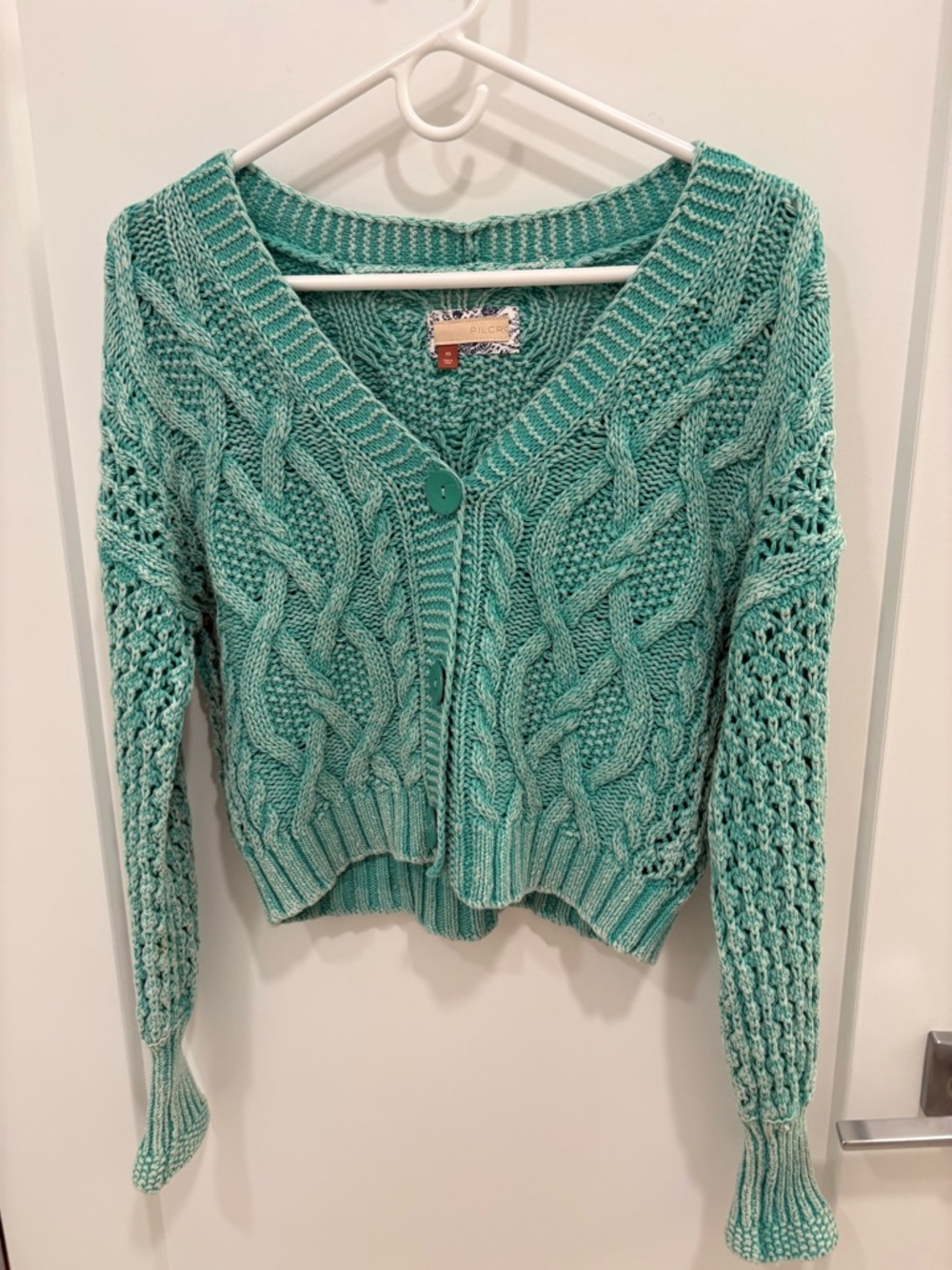 Pilcro Faded Cropped Oversized Mint Green Cable Knit Cardigan XS